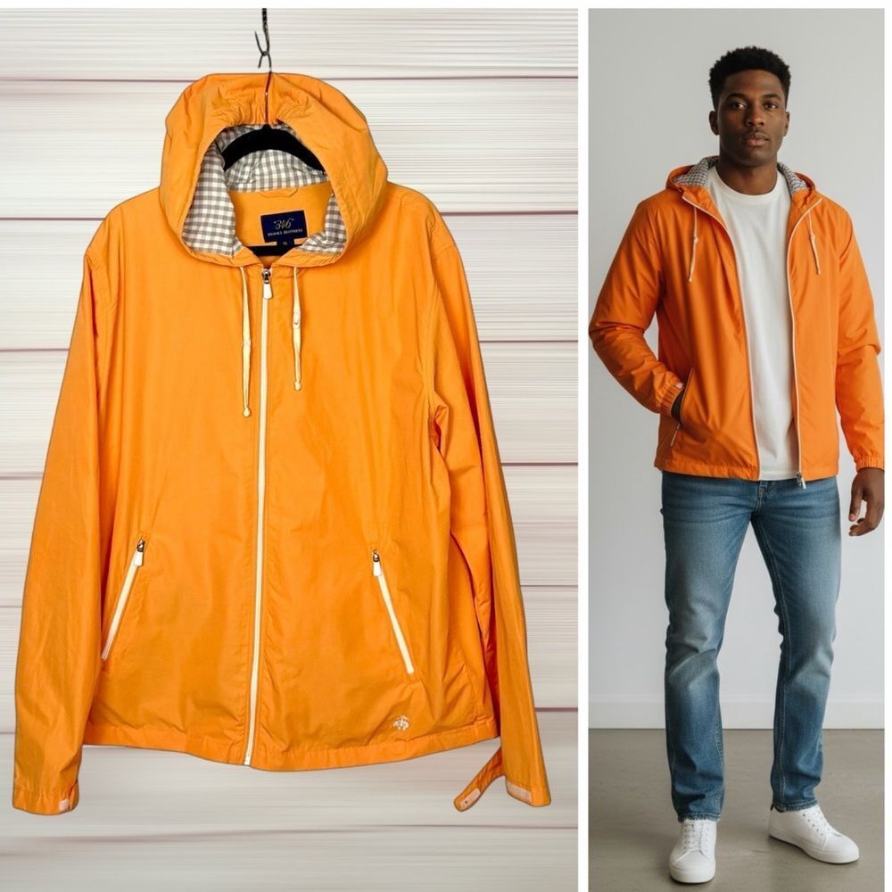 Brooks Brothers 346 Hooded Windbreaker Jacket Orange Zip Front Lightweight XL